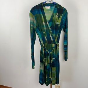 Blues/greens pattern wrap-style dress